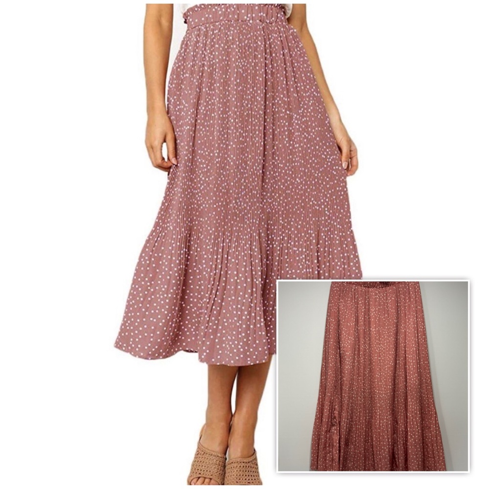 EXLURA Skirt Sz L High Waist Polka Dot Pleated Swing Midi Pocket Cottagecore